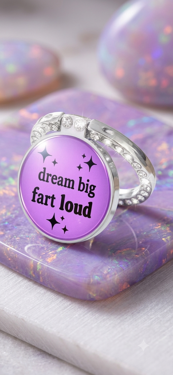 Strass Handyring für Frauen „Dream Big Fart Loud“ – Funkelnder Smartphone Fingerhalter & Handyständer Lila (Ø 3,5 cm)