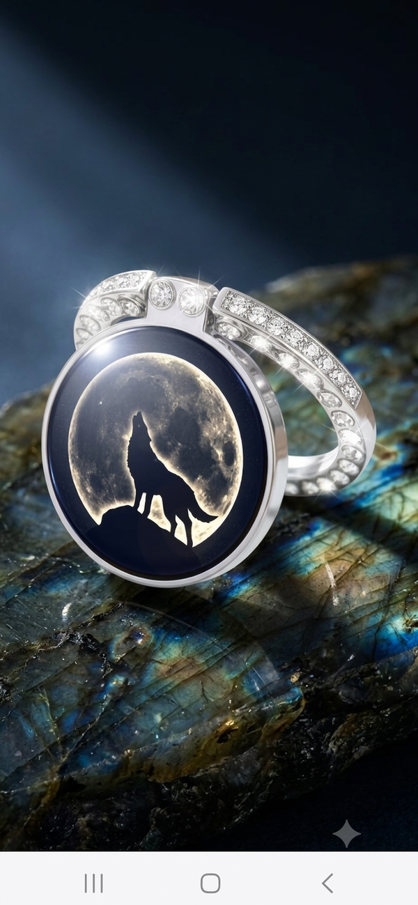 Strass Handyring „Heulender Wolf“ – Funkelnder Smartphone Fingerhalter & Handyständer mit Vollmond-Motiv Silber (Ø 3,5 cm)