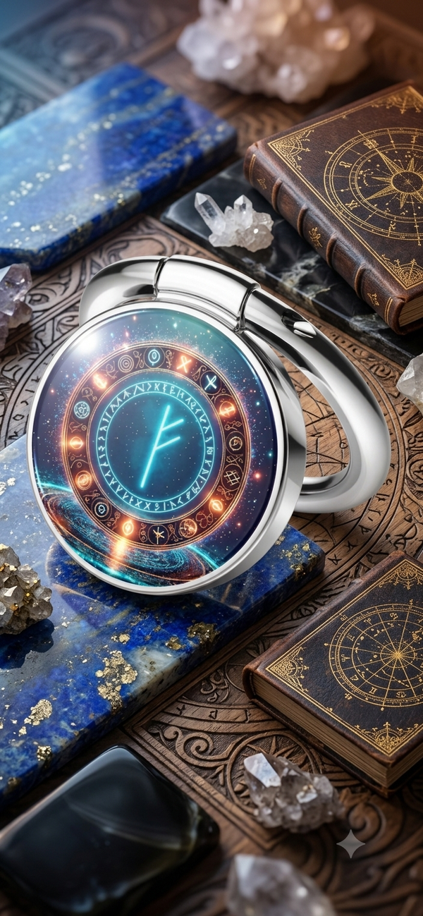 Mystischer Runen-Handyring „Cosmic Fehu“ – Galaktischer Smartphone Fingerhalter & Handyständer mit Astrologie-Motiv Silber (Ø 3,5 cm)