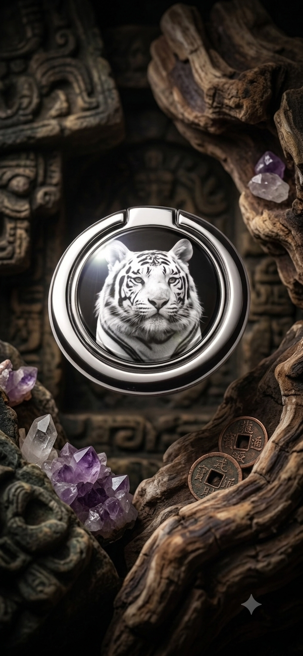 Weißer Tiger Handyring – Majestätischer Smartphone Fingerhalter & Handyständer mit Raubkatzen-Motiv Silber (Ø 3,5 cm)