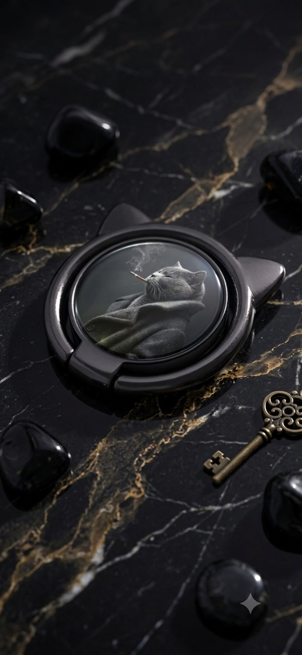 Cooler Katzen-Handyring „Smoking Cat“ – Mattschwarzer Smartphone Fingerhalter & Handyständer mit Ohren-Design (Ø 3,0 cm)