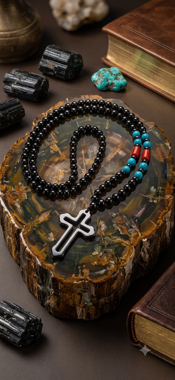Schwarze Perlenkette mit modernem Kreuz aus Obsidian für Männer