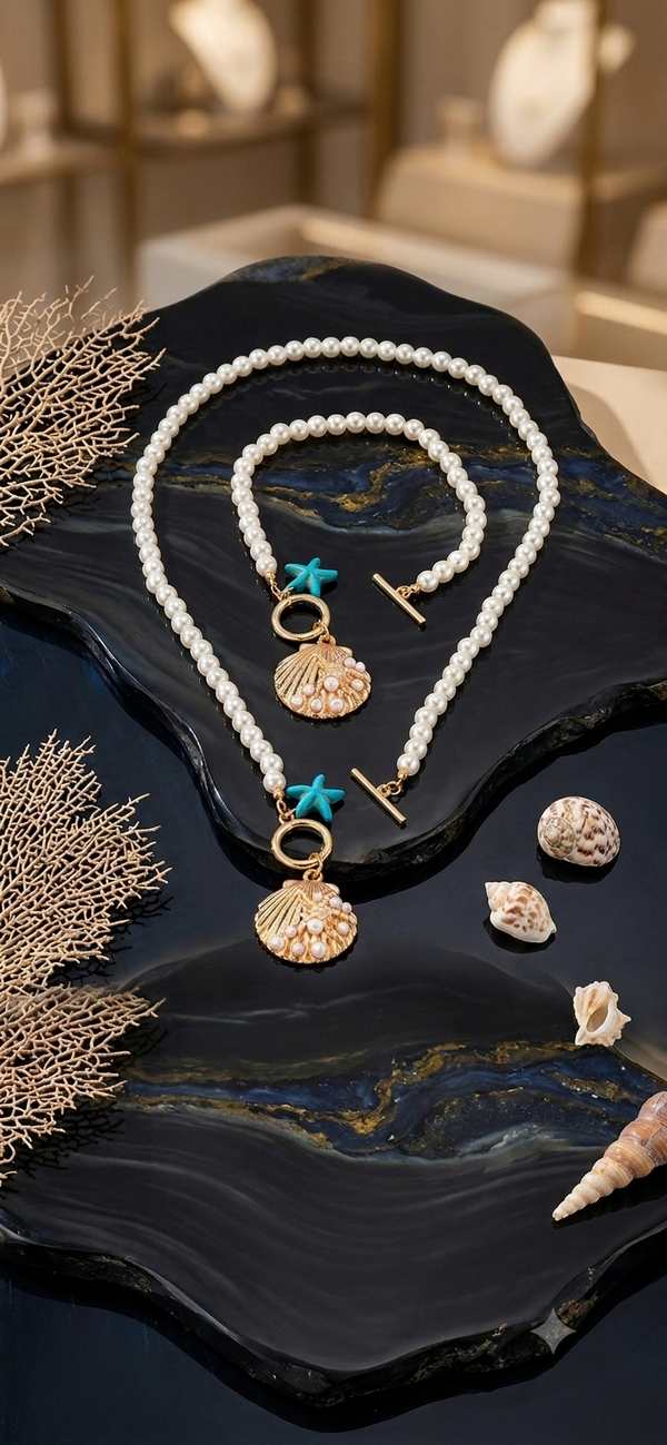 Sommerliches Perlen-Schmuckset mit Muschel-Anhänger & Seestern für Frauen