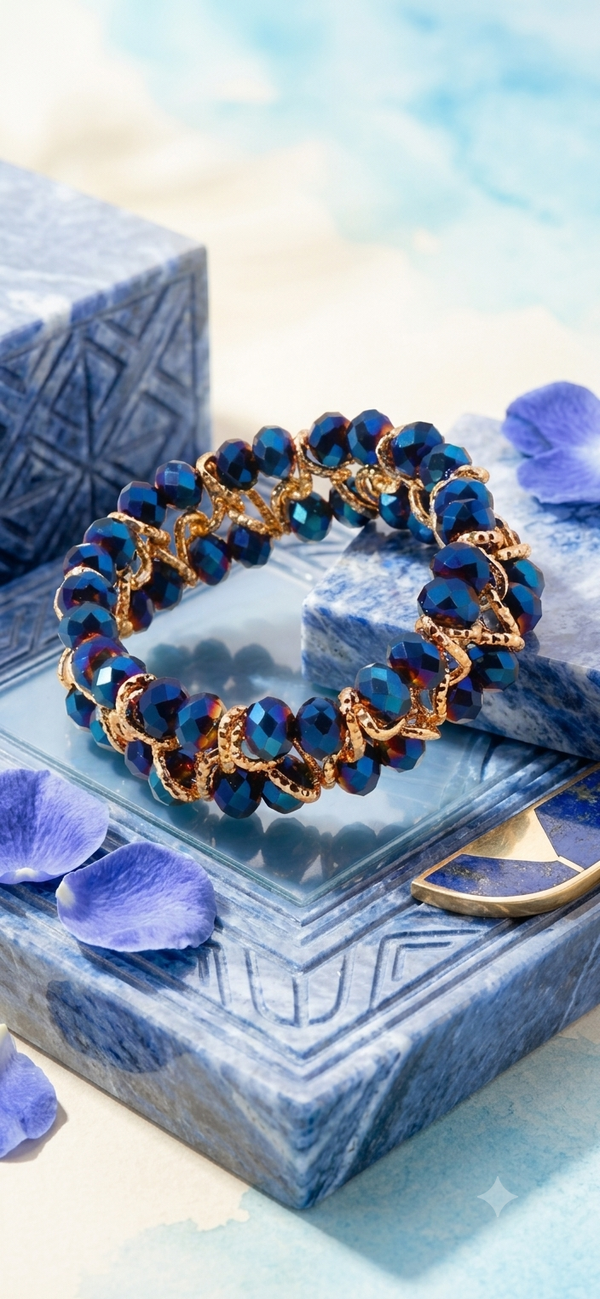 Breit geflochtenes Kristall-Armband in Royalblau & Gold für Frauen