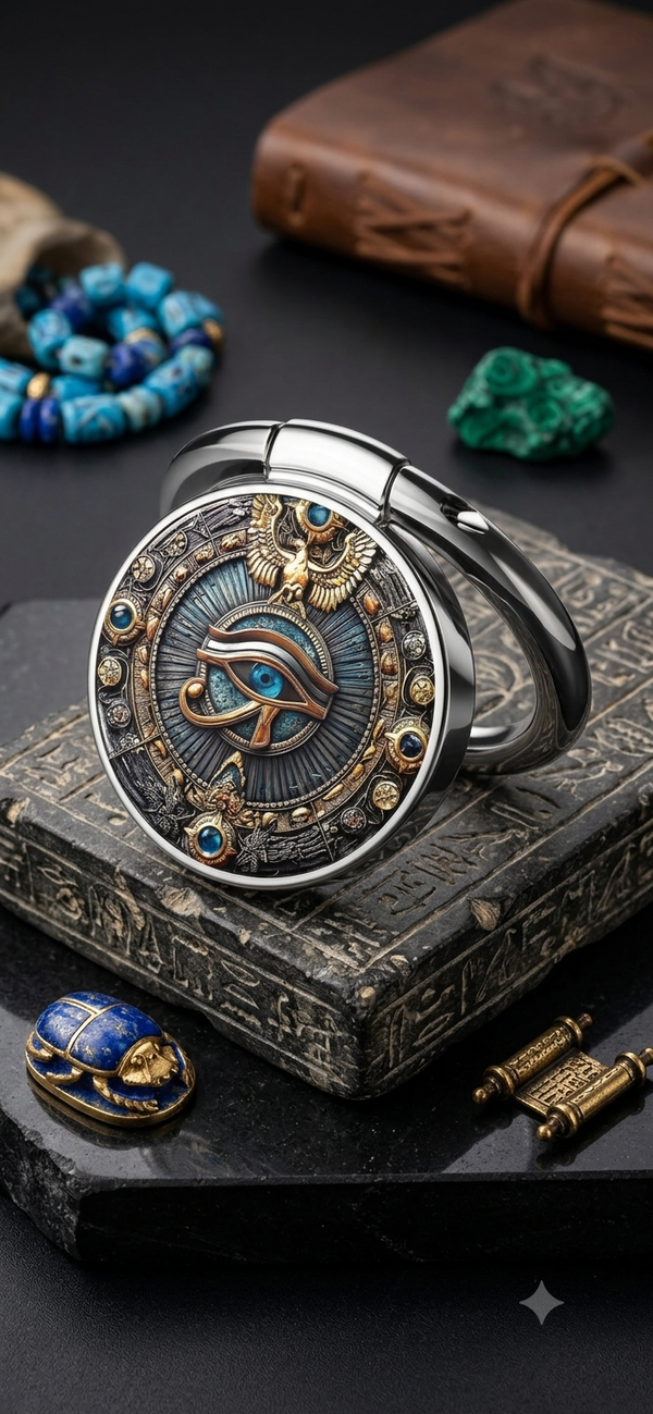 Ägyptischer Handyring „Auge des Horus“ – Antiker Smartphone Fingerhalter & Handyständer mit Skarabäus & Falken-Motiv Silber (Ø 3,5 cm)