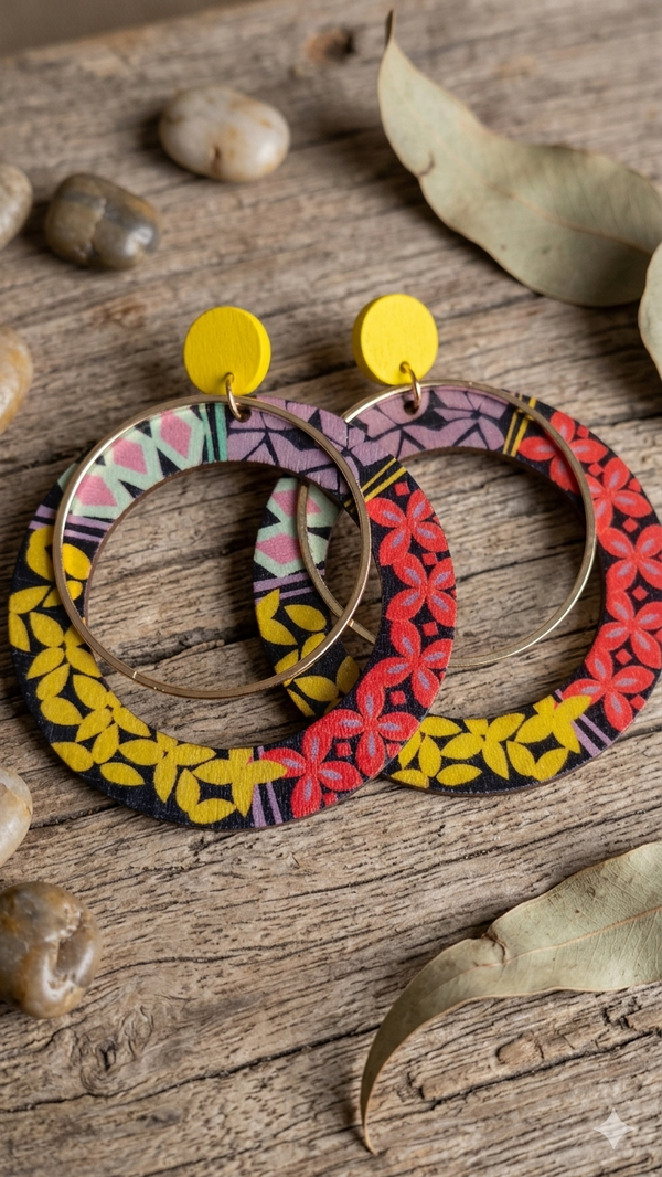 Bunte Holzohrringe Damen – Große Creolen mit floralem Muster, sehr leichte Statement Ohrringe mit Stecker, 6,5 cm (Für Frauen)