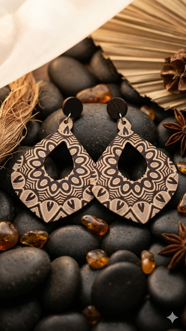 Statement-Ohrringe aus Holz mit Ornament-Muster (für Frauen) – 8 cm
