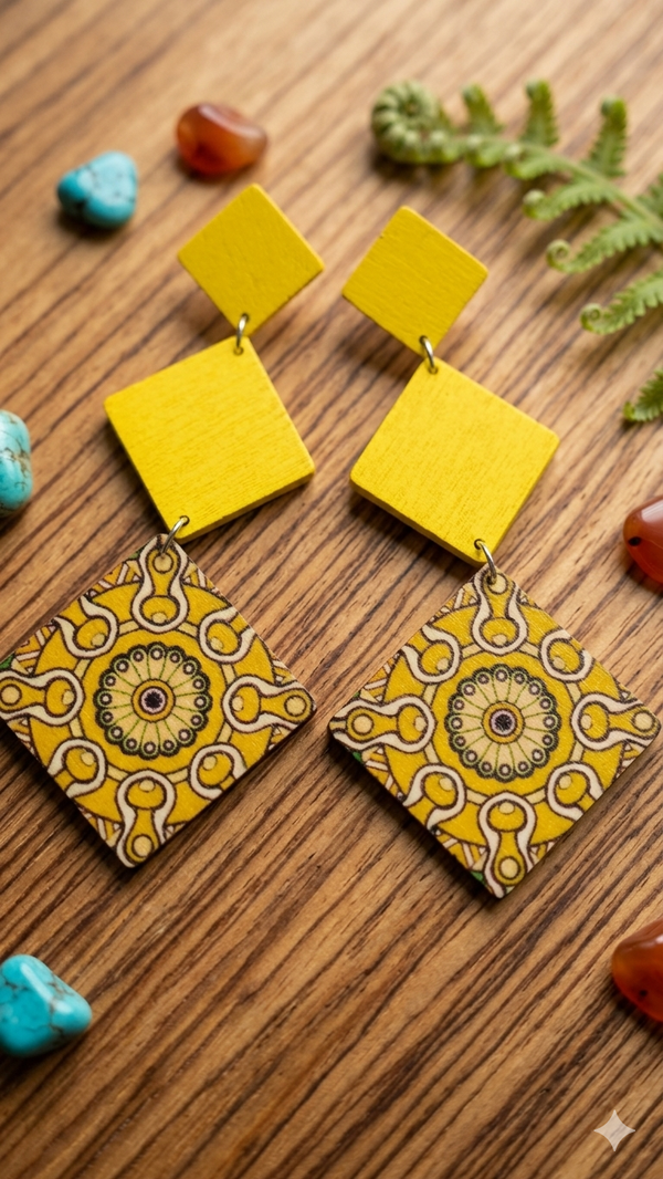 Holzohrringe Damen – Sehr leichte Statement Ohrringe mit Mandala-Muster, geometrische Hängeohrringe mit Stecker, 11 cm (für Frauen)