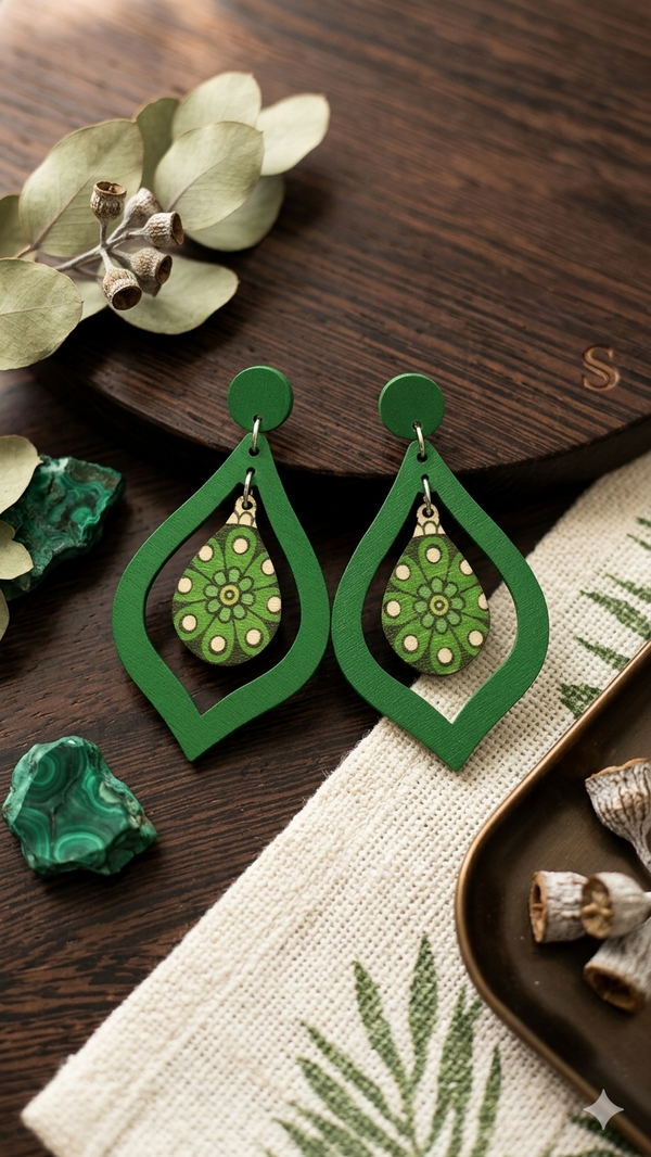 Grüne Holzohrringe Damen – Leichte Statement Ohrringe mit floralem Muster, geometrische Hängeohrringe mit Stecker, 7 cm (Für Frauen)
