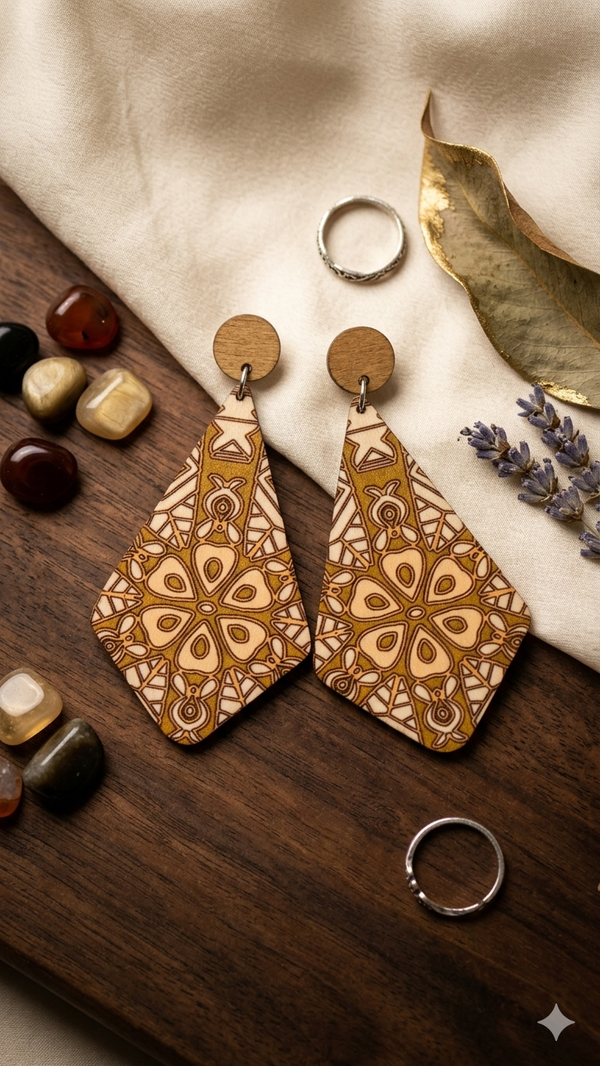Statement-Ohrringe aus Holz mit Mandala-Muster (für Frauen) – 7,5 cm