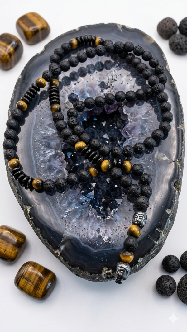 Kraftvolles Tigerauge & Lavastein Statement-Schmuckband mit Buddha-Details für Männer