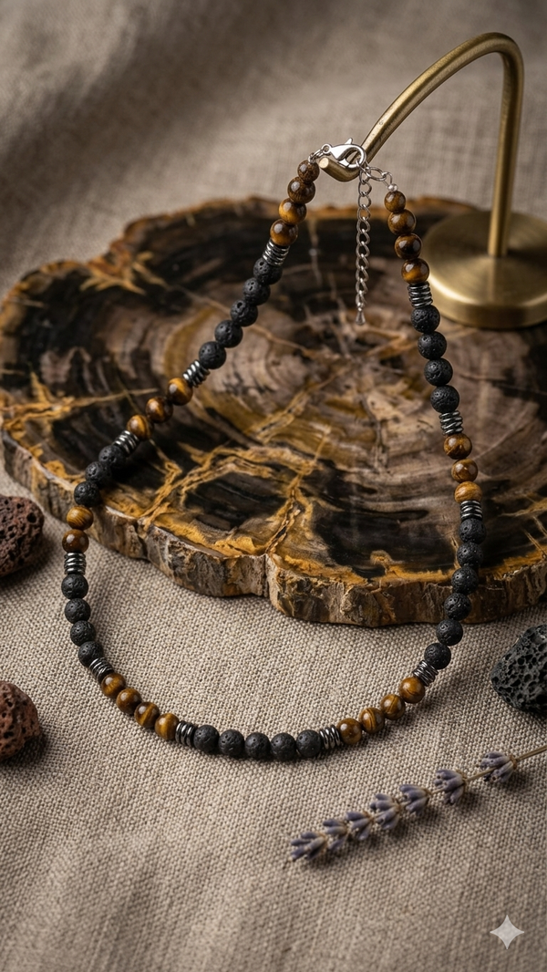 Edle Choker-Halskette aus schwarzem Lavastein und braunem Tigerauge für Männer