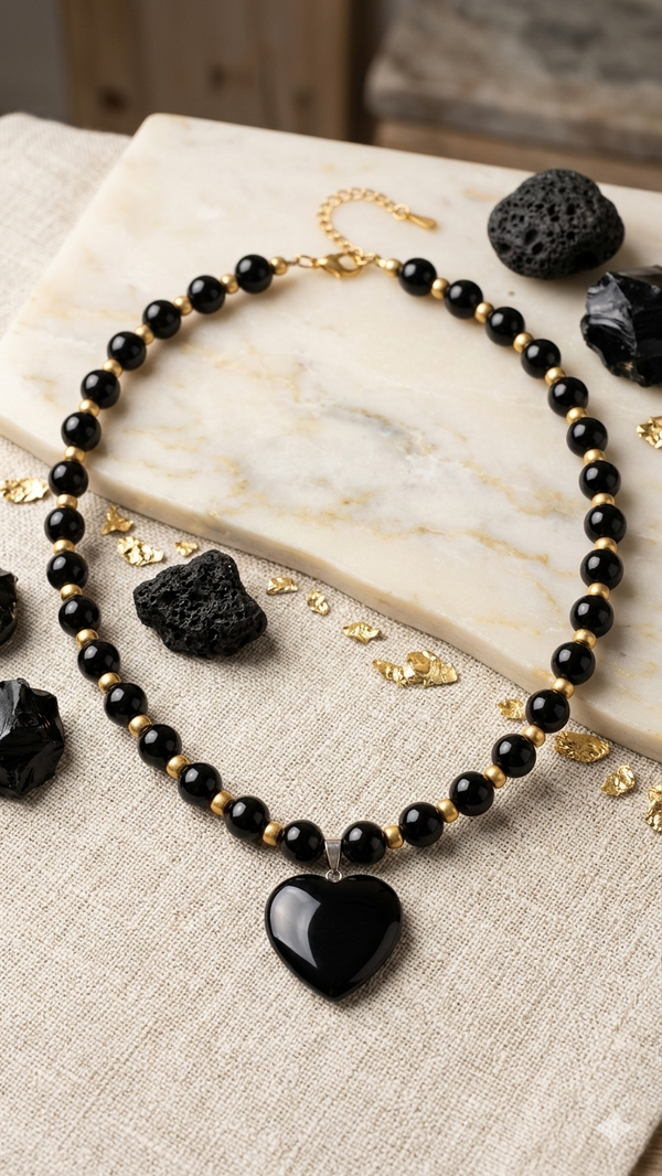 Romantische Statement-Kette mit edlem Obsidian-Herzanhänger für Frauen