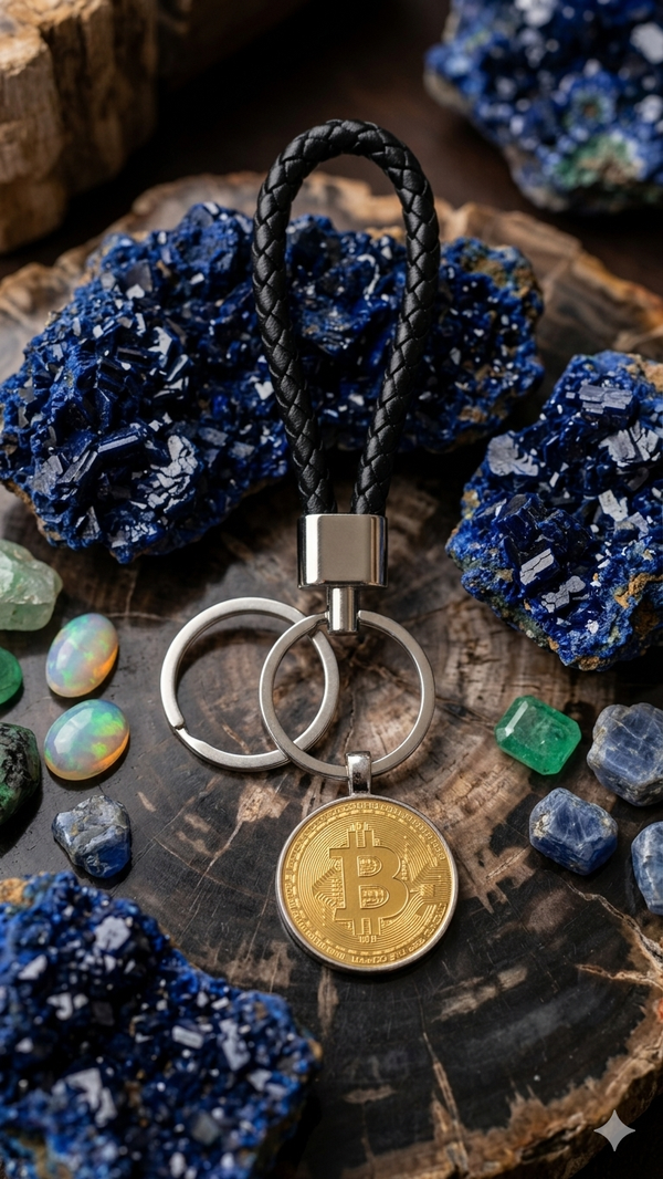 Bitcoin Schlüsselanhänger aus Leder & Edelstahl, 14,5 cm, Anhänger Ø 3 cm für Männer