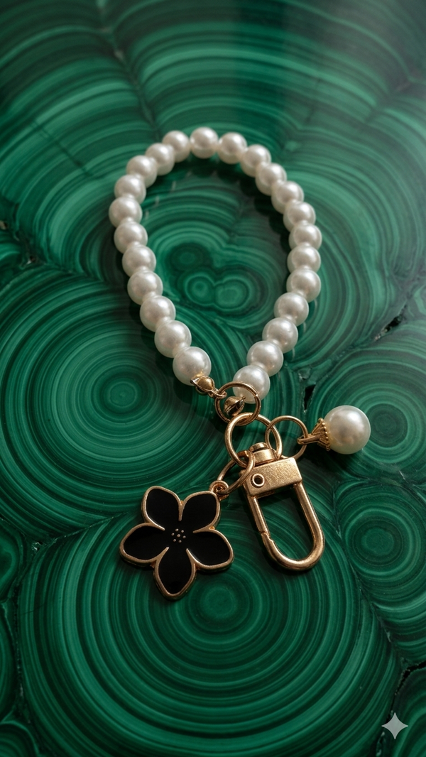 Edler Perlen-Handyanhänger mit schwarzer Blume und Gold-Details für Frauen