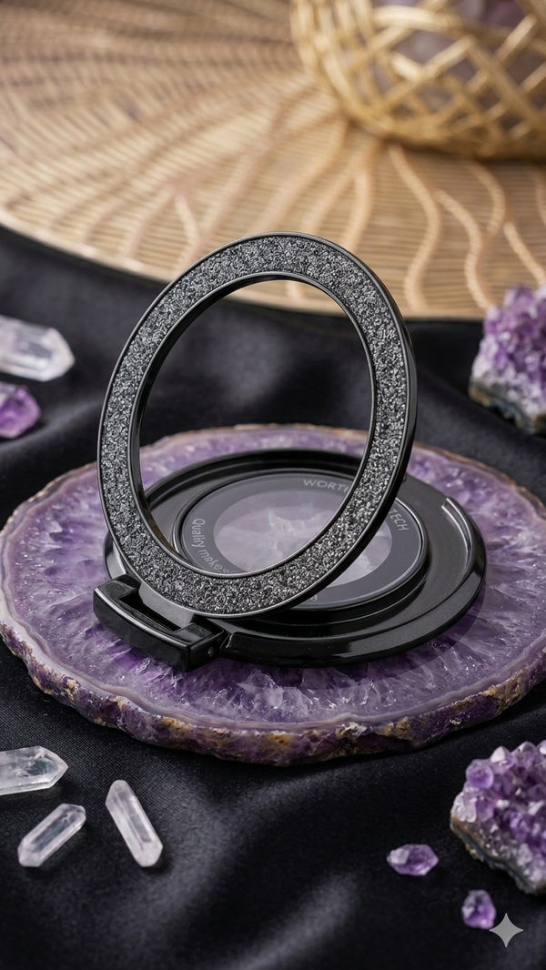 Stylischer Glitzer-Handyring mit Standfunktion in Schwarz für Frauen
