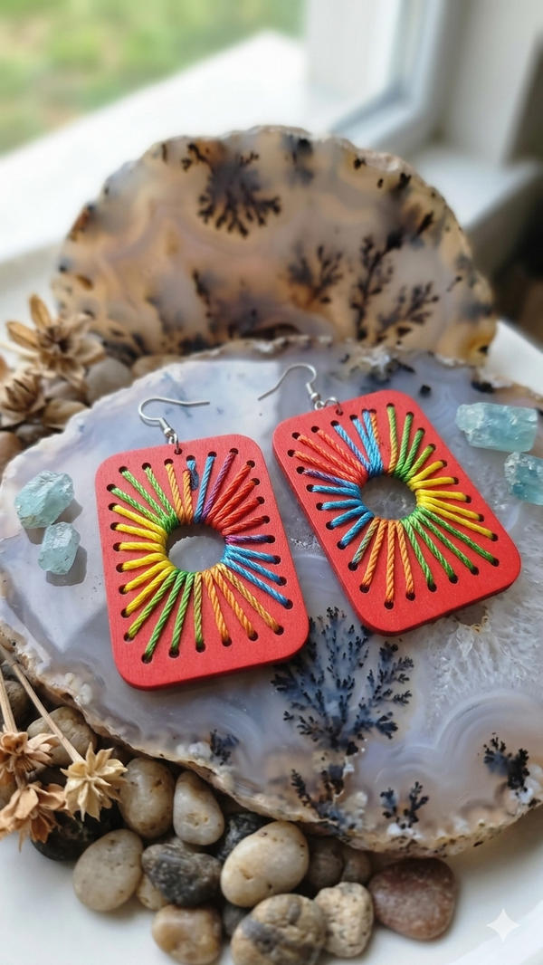 Boho Holz-Ohrringe „Rainbow Splash“ – Handgemachte Regenbogen-Hänger aus Holz & Garn (6,5 x 4,5 cm) für Frauen