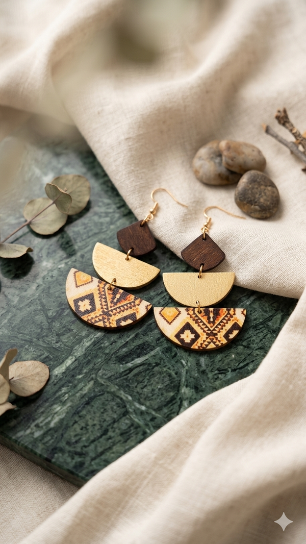Geometrische Boho-Ohrringe „Tribal Steps“ – Dreistufige Hänger aus Holz mit glänzend goldenen Akzenten (ca. 6,0 cm) für Frauen