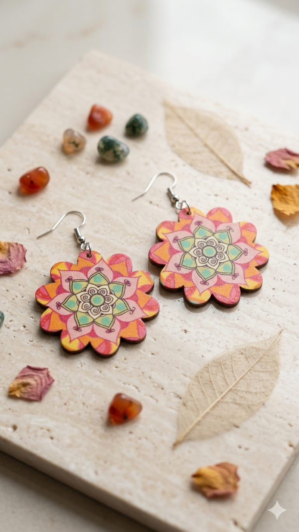 Boho Holz-Ohrringe „Mandala Blossom“ – Farbenfrohe Blumen-Hänger aus Holz im Ethno-Stil (5,0 x 5,0 cm) für Frauen