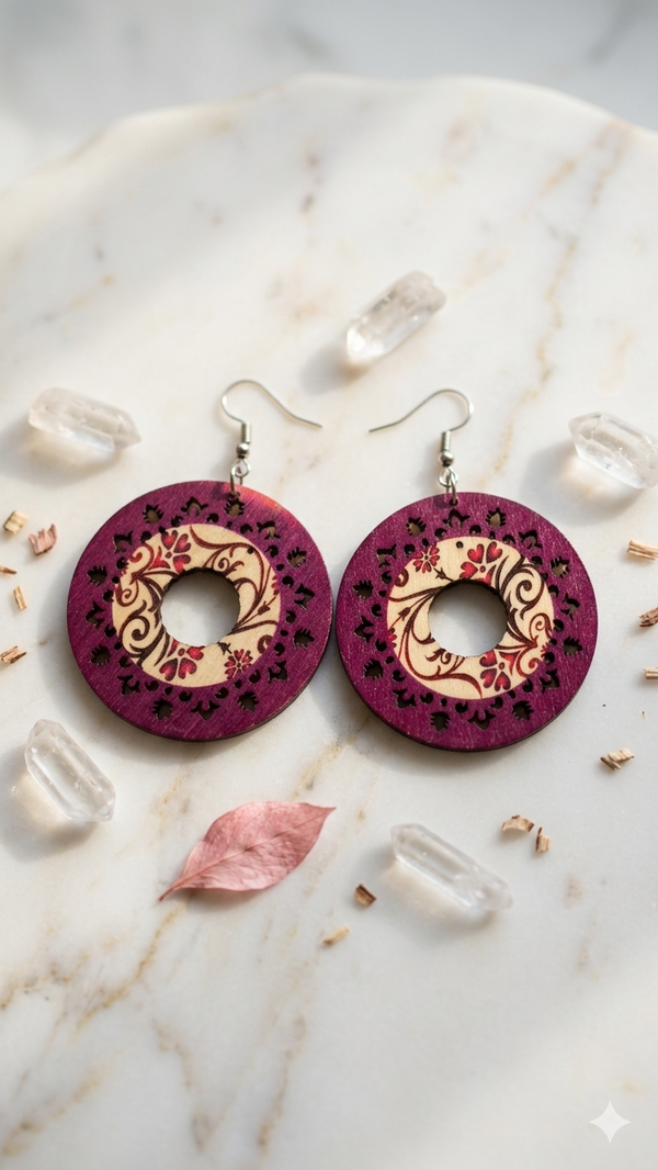 Vintage Holz-Ohrringe „Lila Ornament“ – Runde Mandala-Hänger aus Holz mit floralem Muster (Ø 5,0 cm) für Frauen