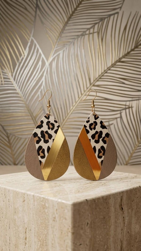 Boho Holz-Ohrringe „Leopard Glam“ – Tränenförmige Hänger aus Holz mit Leo-Print & glänzend goldenen Akzenten (ca. 6,5 cm) für Frauen
