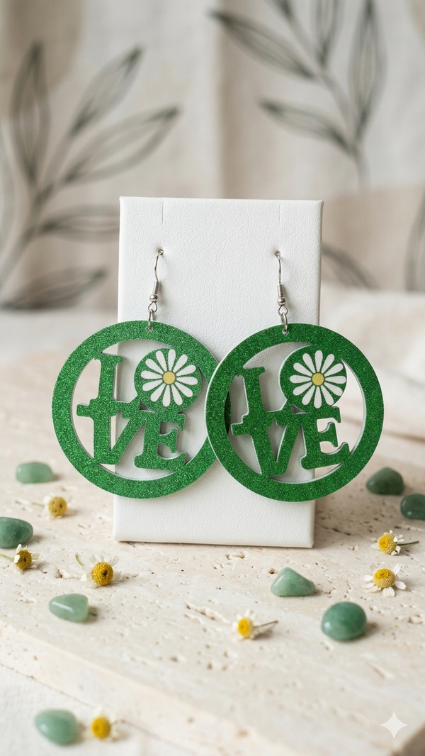 Ohrringe „Retro Love“ – Runde Statement-Hänger in Grün mit Gänseblümchen (Ø 6,0 cm) für Frauen
