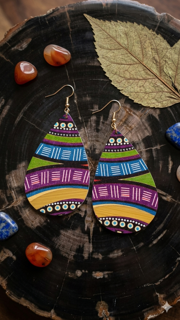 Boho Holz-Ohrringe „Tribal Rhythm“ – Tränenförmige Ethno-Hänger aus Holz mit glänzend goldenem Mudcloth-Muster (ca. 6,5 cm) für Frauen