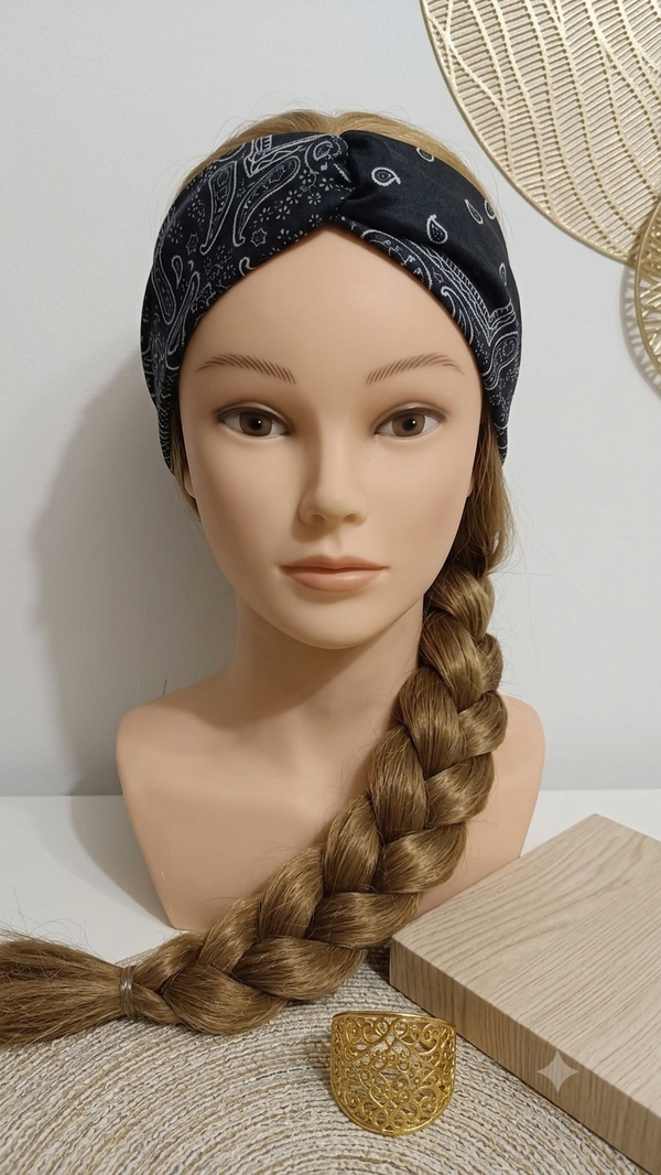 Bandana Stirnband mit Paisley-Muster, gedrehtes Haarband in Schwarz-Weiß für Frauen