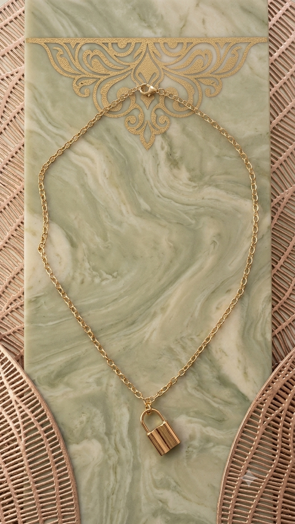 Filigrane Schloss-Halskette (58 cm) – Elegante Gliederkette mit Vorhängeschloss-Anhänger in Gold für Frauen