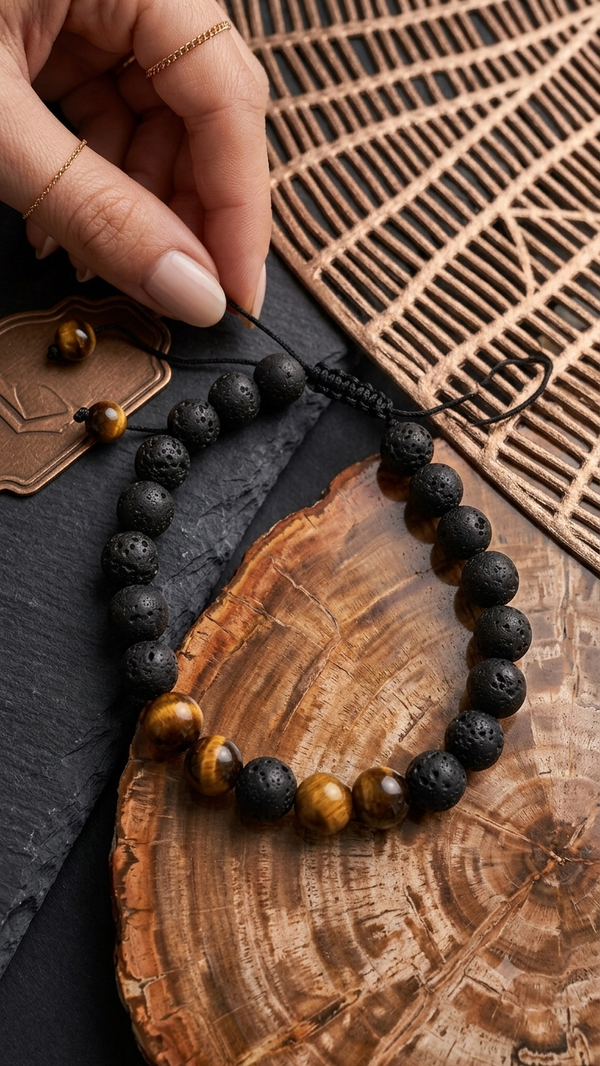 Lavastein & Tigerauge Perlenarmband – Verstellbares Naturstein-Design für Männer
