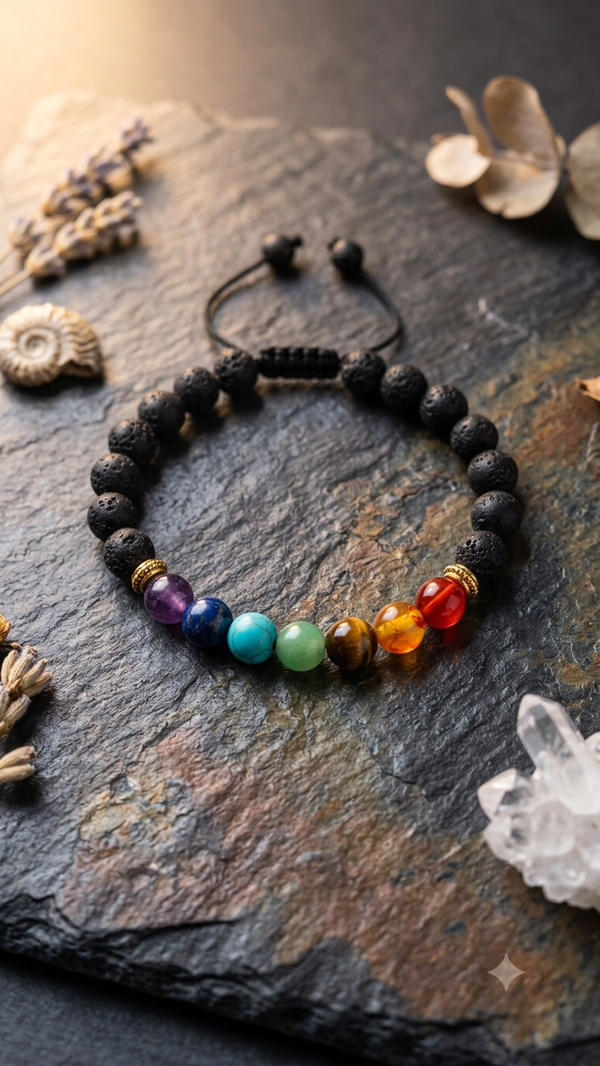 7 Chakren Lavastein Perlenarmband – Verstellbares Energie-Naturstein-Design für Männer