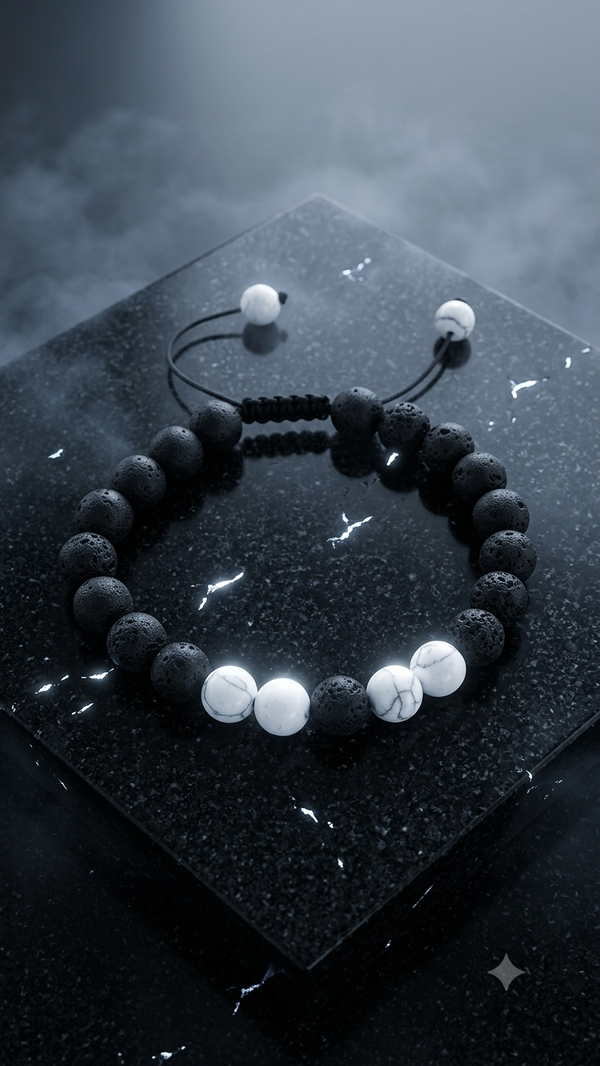 Lavastein & Howlith Perlenarmband – Verstellbares Yin-Yang-Naturstein-Design für Männer