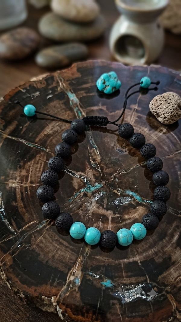 Lavastein & Türkis Perlenarmband – Verstellbares Naturstein-Design für Männer
