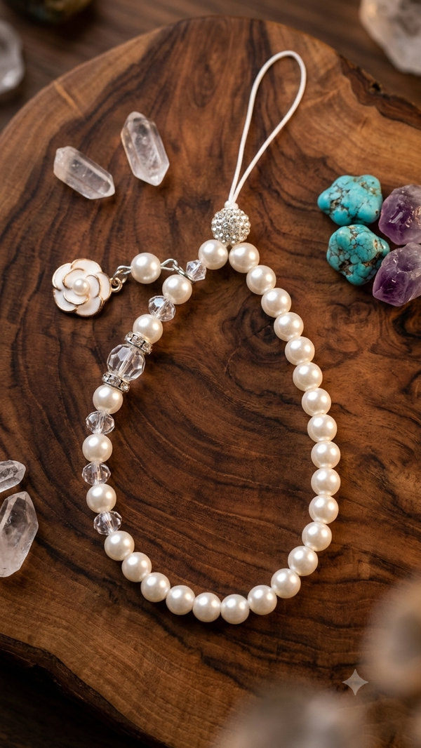 Handyanhänger für Frauen „Glossy Elegance“ (12 cm) – Edle Perlen-Handykette mit Kamelien-Charm & Strass