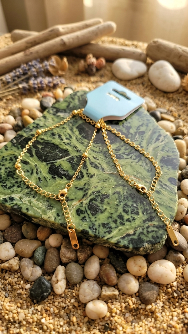Elegantes 2er-Set Fußkettchen (23 cm) – Filigrane Kugel- & Kordelketten in Gold für Frauen