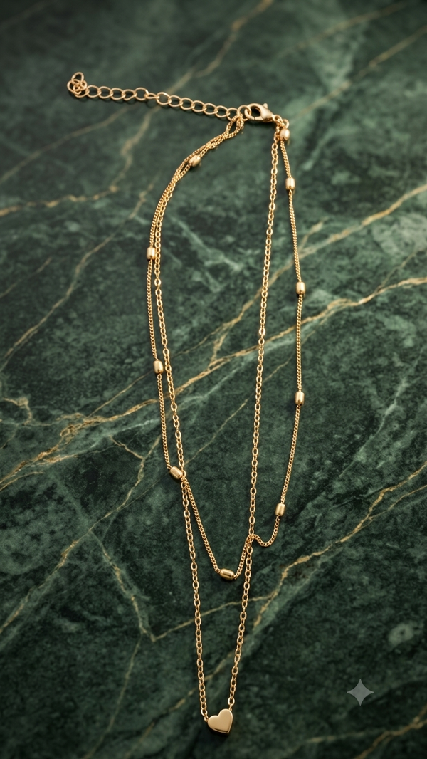 Zweistöckige Herz-Halskette (44 cm) – Elegante Layering-Kette mit Herz-Anhänger & Perlen-Struktur in Gold für Frauen