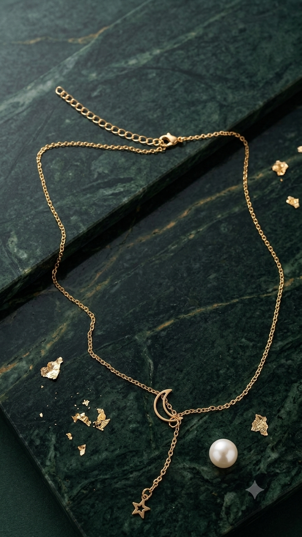 Filigrane Y-Halskette mit Mond & Stern (ca. 41,5 cm) – Elegante Astro-Kette in Gold für Frauen