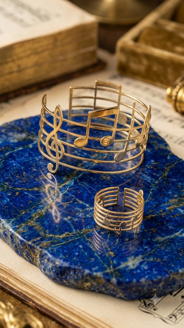 Musiknoten-Armreif und Ring Schmuckset in Goldoptik, Notenlinien-Design für Frauen