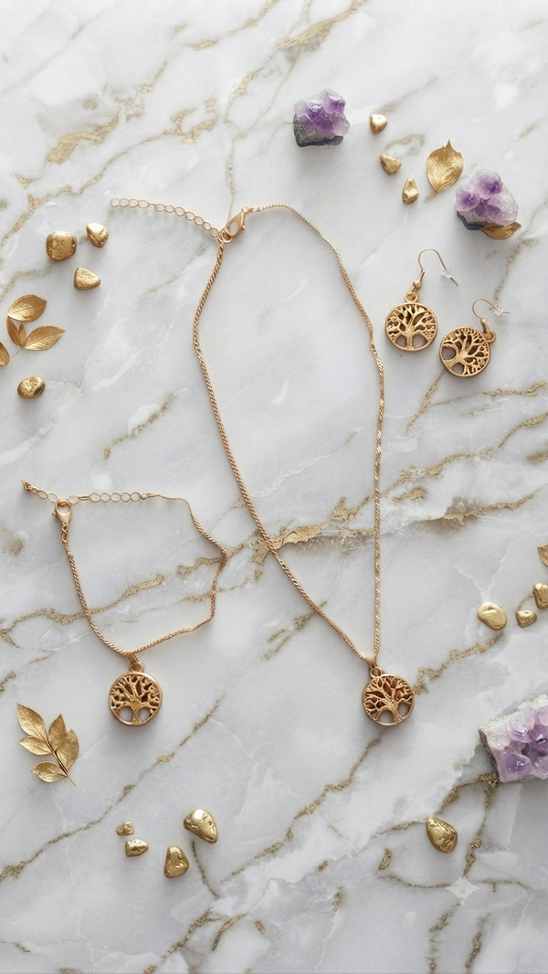 Dreiteiliges Schmuckset mit Lebensbaum-Anhängern – Halskette, Armband & Ohrringe für Frauen
