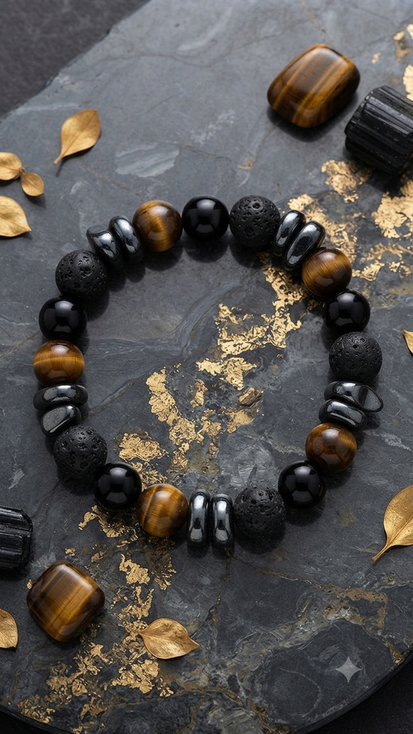 Massives Naturstein-Armband mit Tigerauge, Lavastein & Obsidian – Elastisches Perlenarmband für Männer