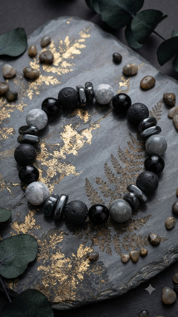Massives Naturstein-Armband mit Howlith, Lavastein & Obsidian – Elastisches Perlenarmband für Männer