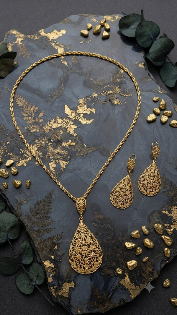 Zweiteiliges Schmuckset mit filigranen Ornament-Anhängern in Tropfenform – Kordelkette und Ohrringe für Frauen
