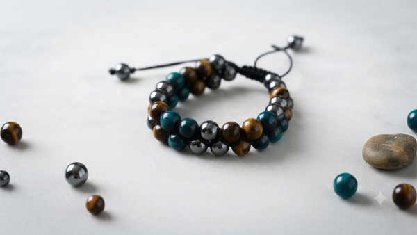 Massives zweireihiges Naturstein-Armband mit Tigerauge & Hämatit – Geflochtenes Makramee-Armband für Männer