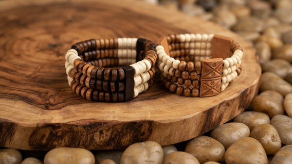 Zweiteiliges Holzperlen-Armband-Set im Ethno-Stil – Breites elastisches Perlenarmband für Männer