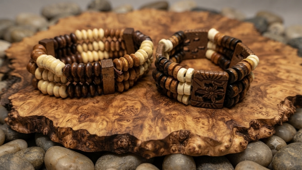 Zweiteiliges Holzperlen-Armband-Set im Ethno-Stil – Breites elastisches Perlenarmband mit Blüten-Gravur