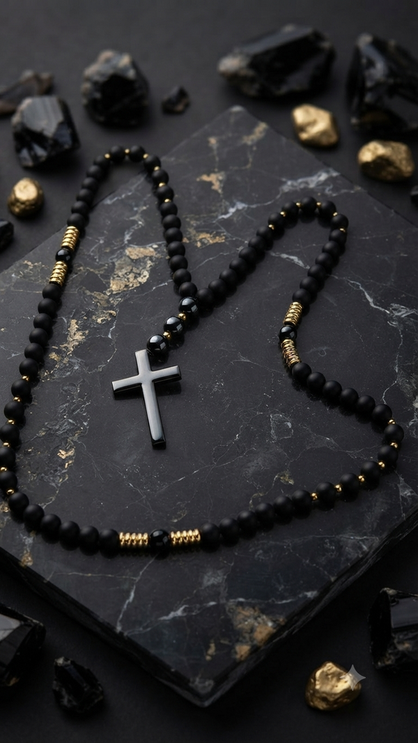 Massiver Rosenkranz mit mattschwarzen Perlen und Hämatit-Kreuz – Rustikale Y-Halskette für Männer