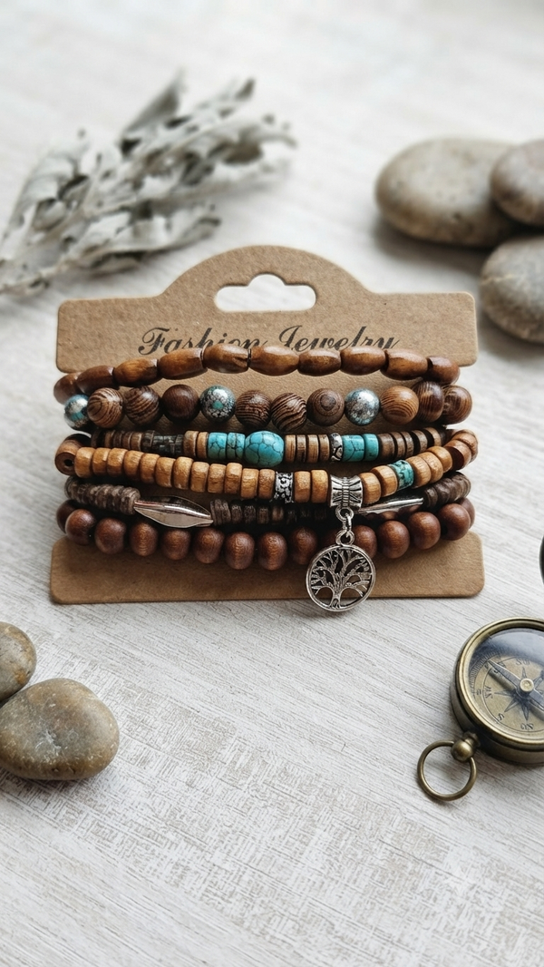 Fünfteiliges Holzperlen-Armband-Set mit Lebensbaum-Anhänger – Elastische Surfer-Armbänder mit Türkis-Akzenten für Männer