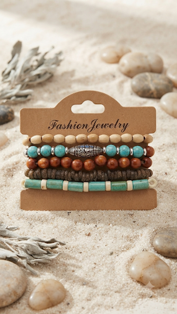 Fünfteiliges Holzperlen-Armband-Set mit Türkis-Elementen – Elastische Surfer-Armbänder mit Kordelzug für Männer