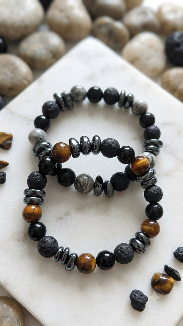 Elastisches Edelstein-Armband mit Tigerauge, Lavastein und Hämatit-Discs – Armband für Männer