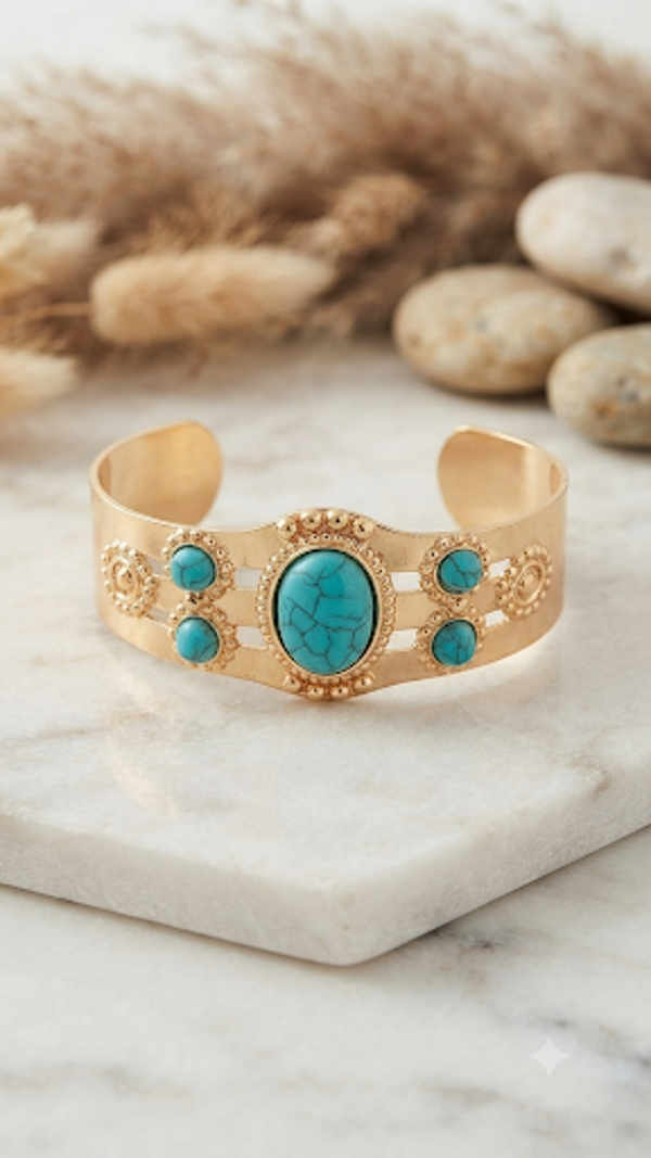 Boho-Chic Armreif „Turquoise Dream“ – Breiter Manschettenarmreif mit türkisfarbenen Steinen FÜR FRAUEN